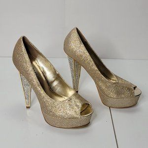 Bebe Crystal Gold Glitter Platform Heels Women’s Size 6M